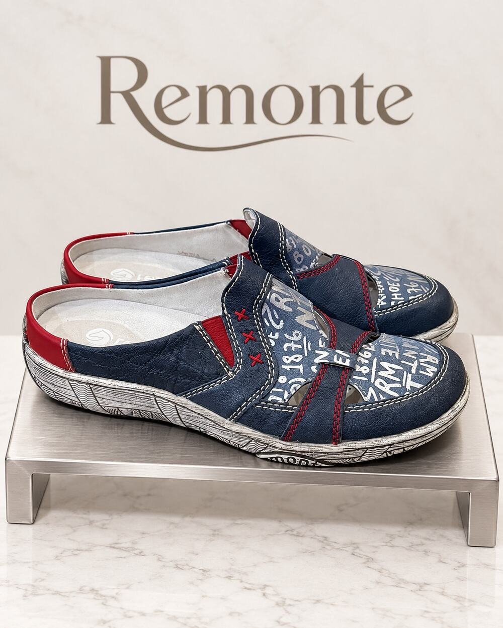 Remonte Blue Red Print Leather Slip-On Shoes Women’s US 6-6.5 EU 37